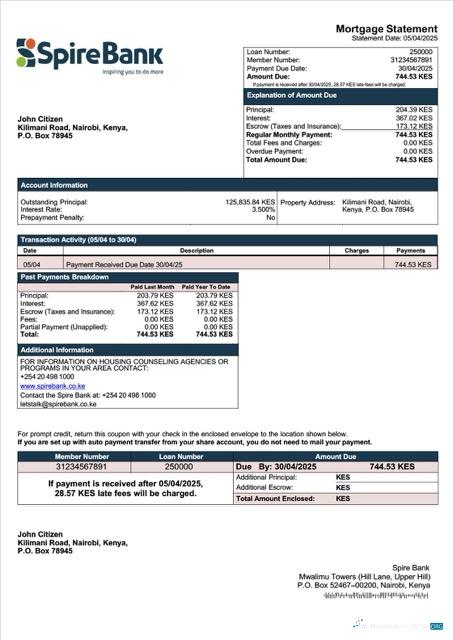 Download Kenya Spire Bank mortgage statement Word and PDF template Photoshop template